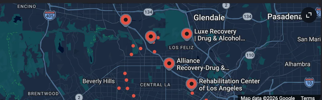 Google Maps showing rehab centers in Los Angeles