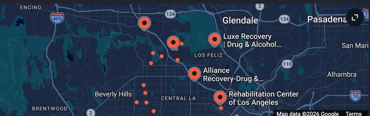 Google Maps showing rehab centers in Los Angeles