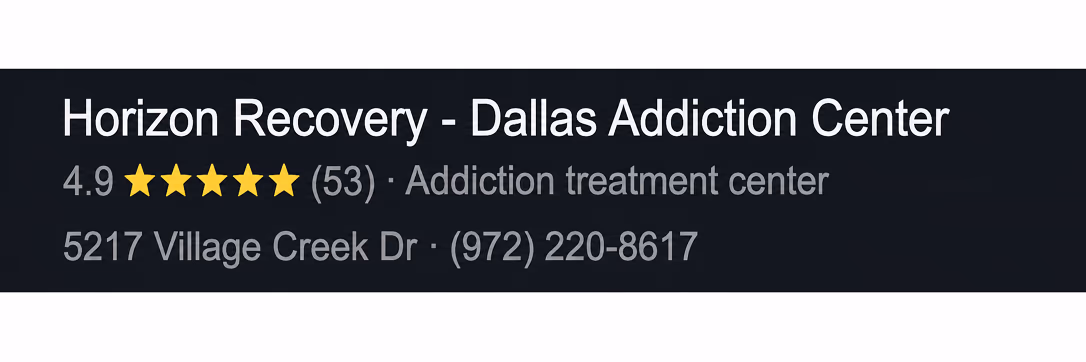 Google reviews for a Dallas addiction treatment center showing a 4.9 star rating