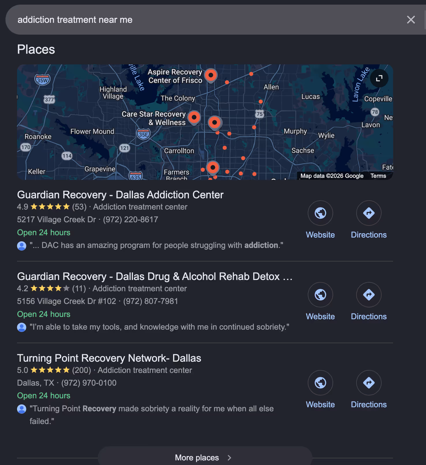 Google Maps search result for addiction treatment near me in Dallas showing multiple treatment centers with ratings and reviews