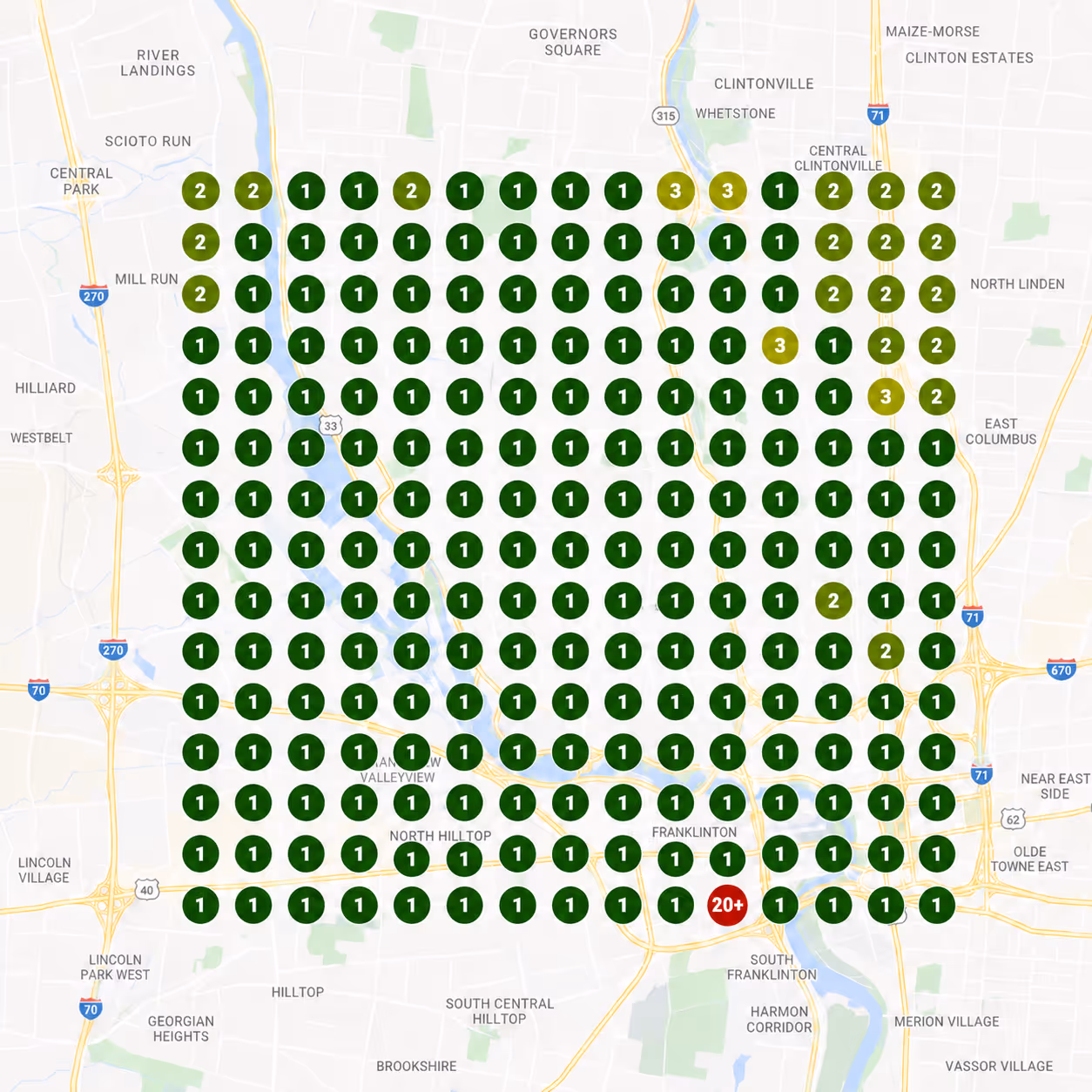 Local SEO ranking grid showing map pack positions across a metro area